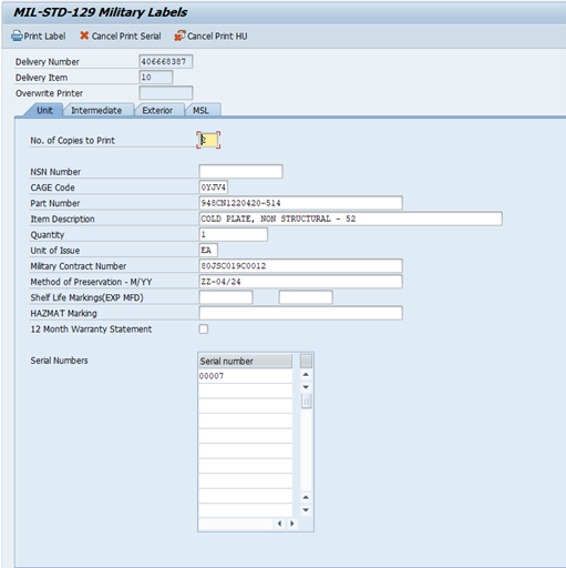 Unit Label Screen in SAP